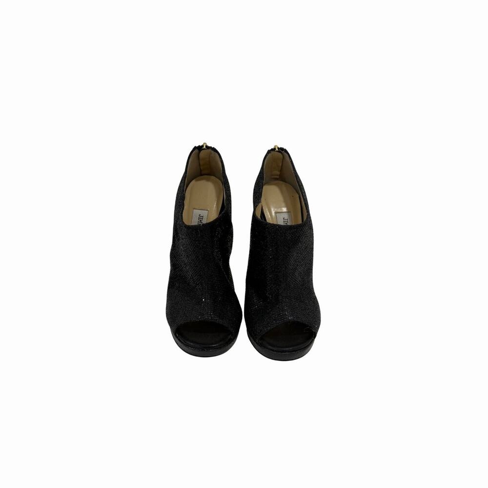 Jimmy Choo Hector Peep-Toe Ankle Booties Black Glitter Fabric Leather Size 38